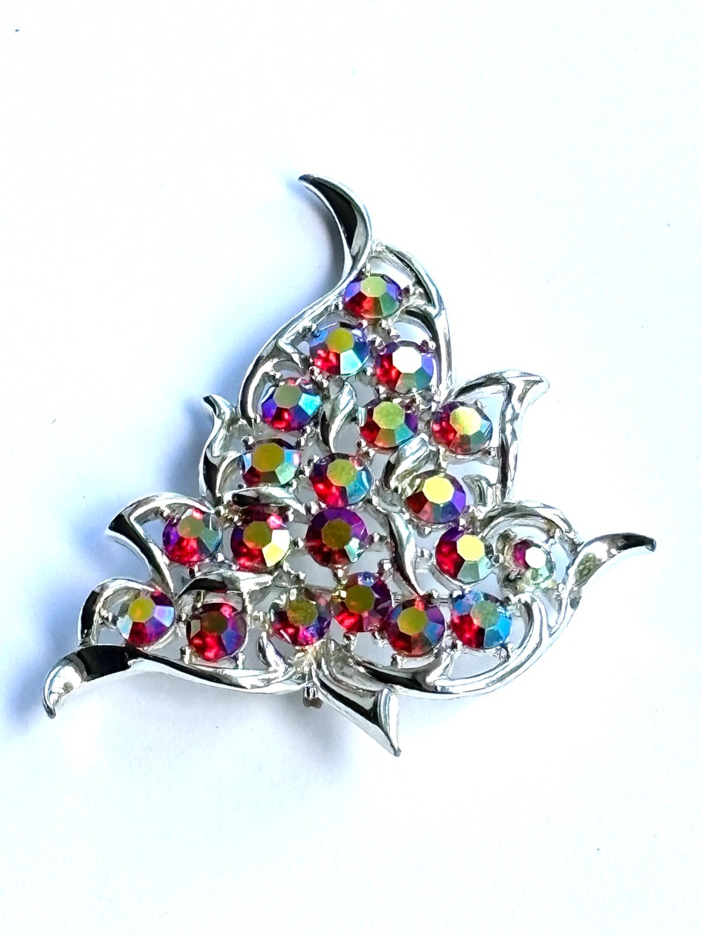 Sarah Coventry Vintage 60s Silver-Tone Leaf Brooch Aurora Borealis Crystals